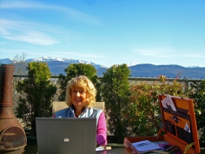 Carrie outside office - getting light therapy